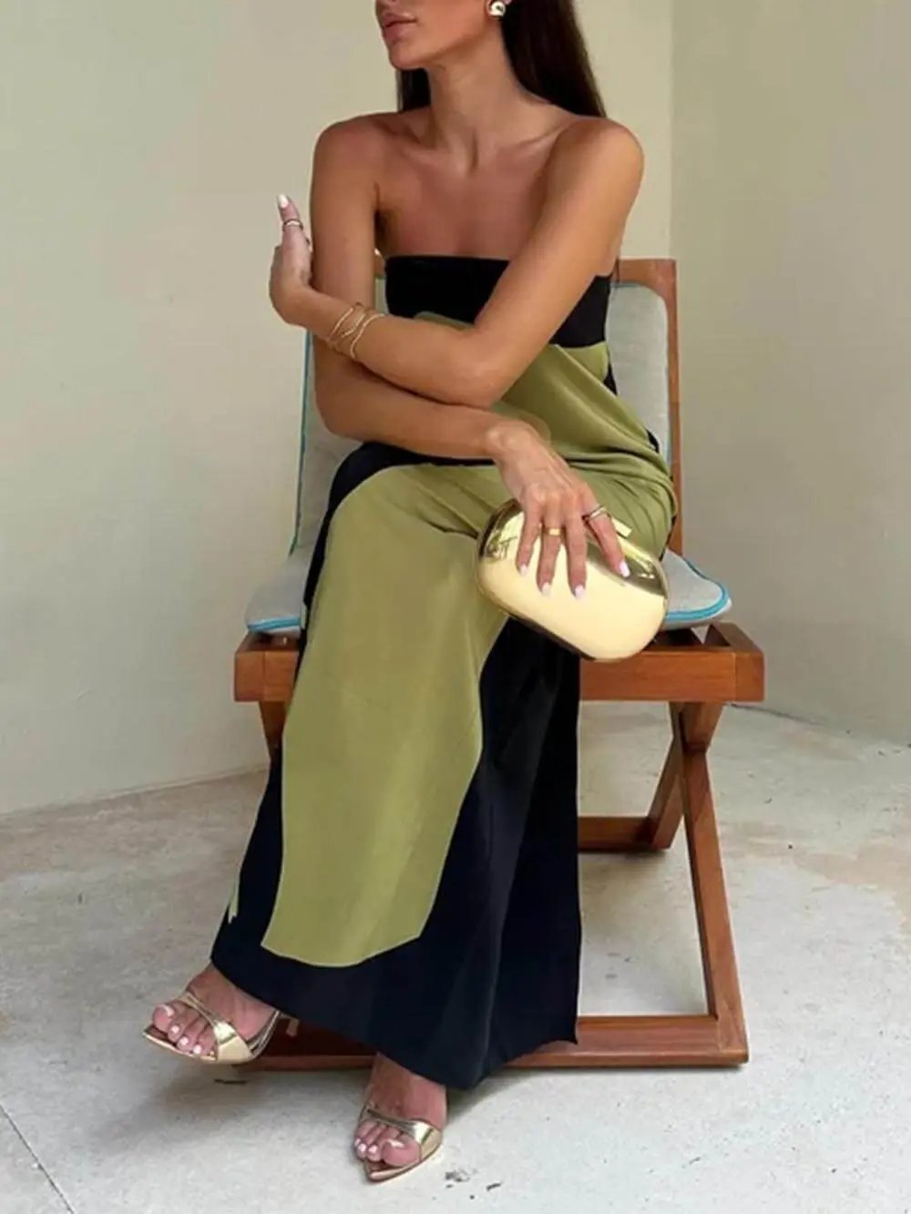 Off Shoulder Fashion Contrast Sleeveless Printed Maxi Dress Olympus London