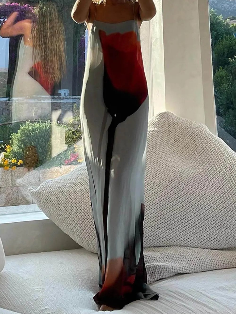 Abstract Tulip Print Vacation Slip H-Line Maxi Dress Olympus London