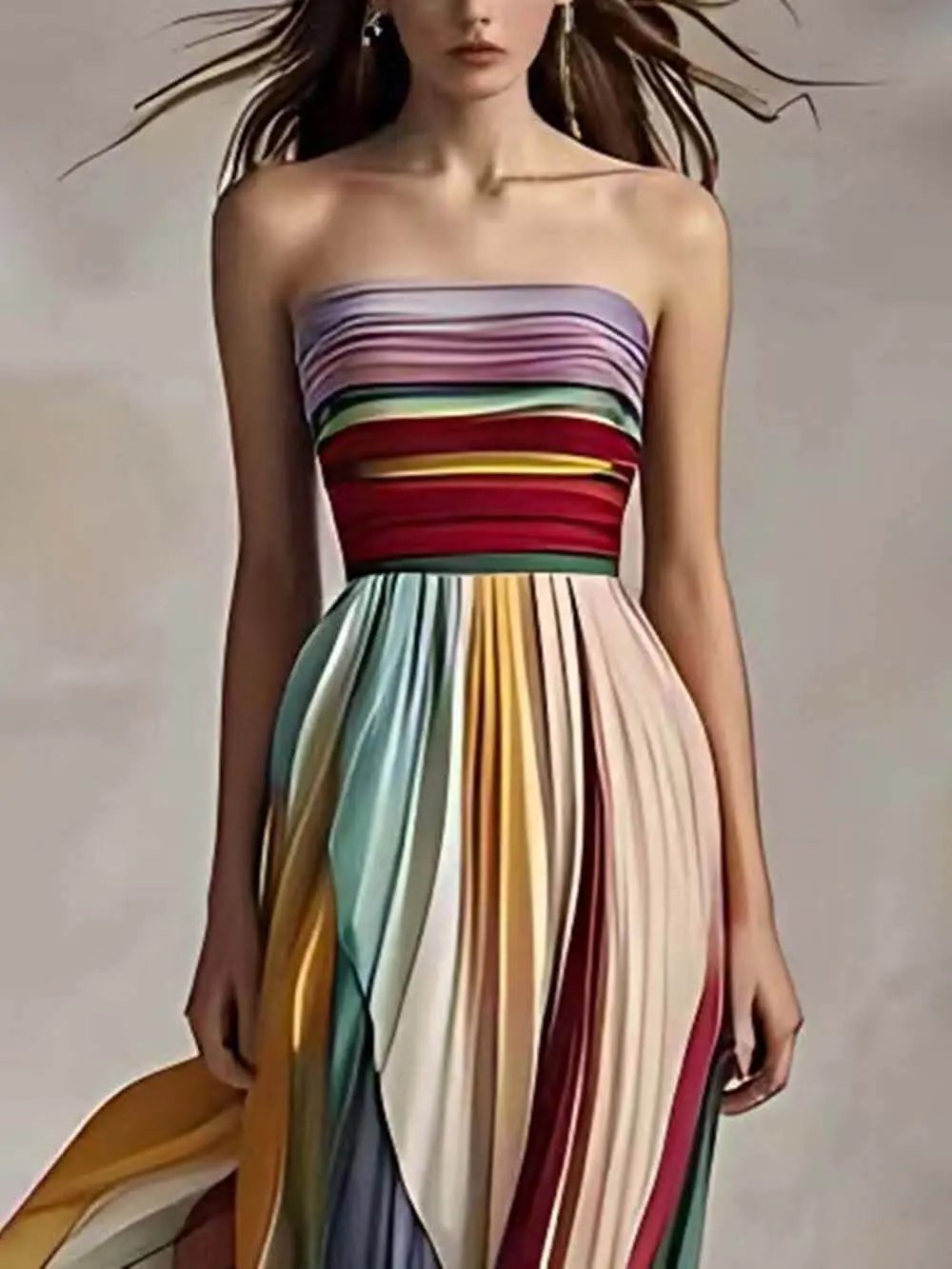 Elegant Striped Printed Off-shoulder Pleated Bandeau Maxi Dress Olympus London