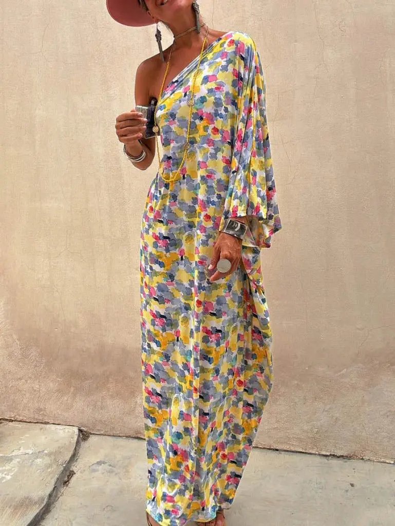 Casual Holiday Ink-dye Print Off-shoulder Maxi Dress Olympus London