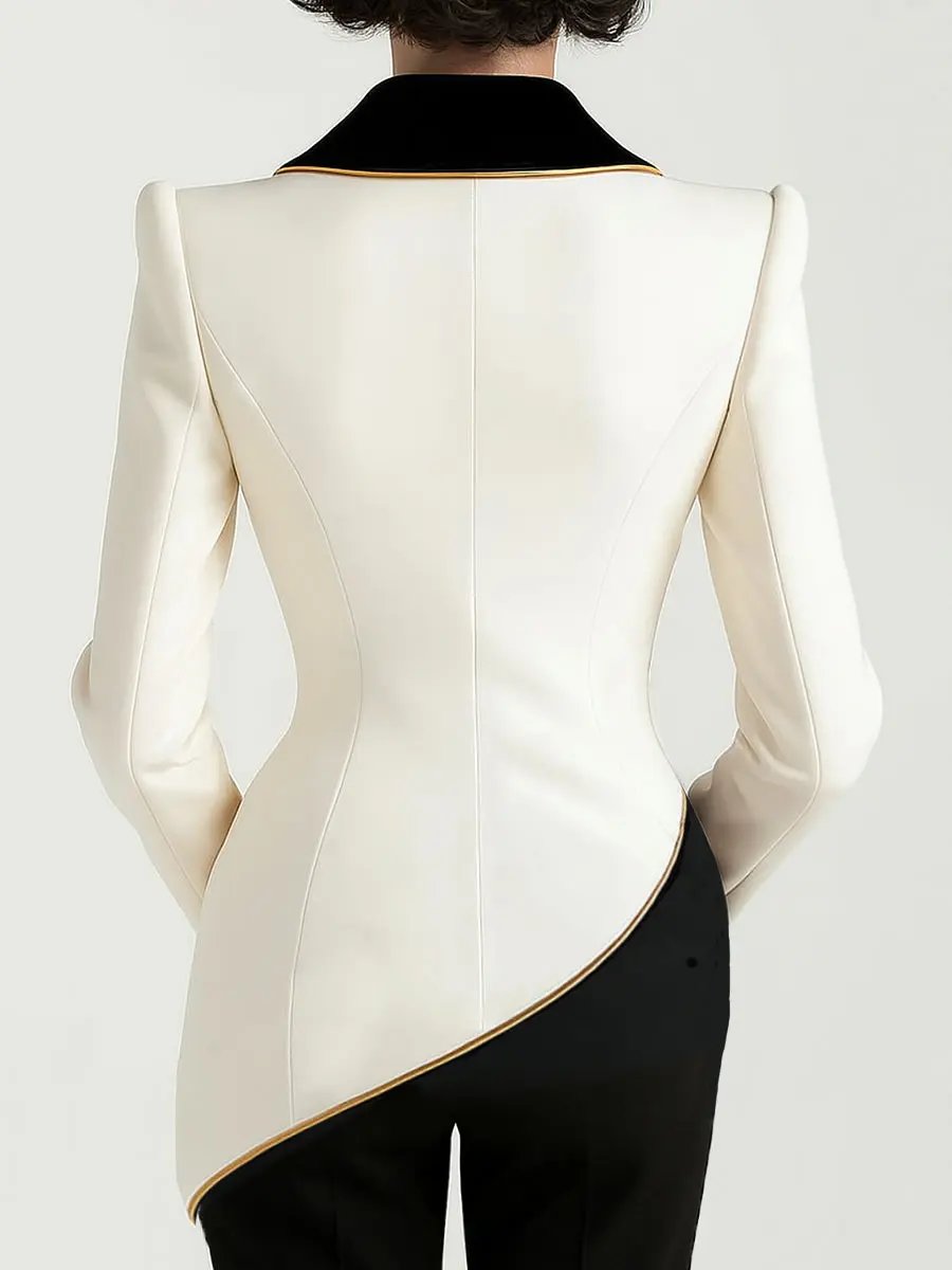 Elegant Asymmetrical White Blazer with Black Contrast Lapels HWT