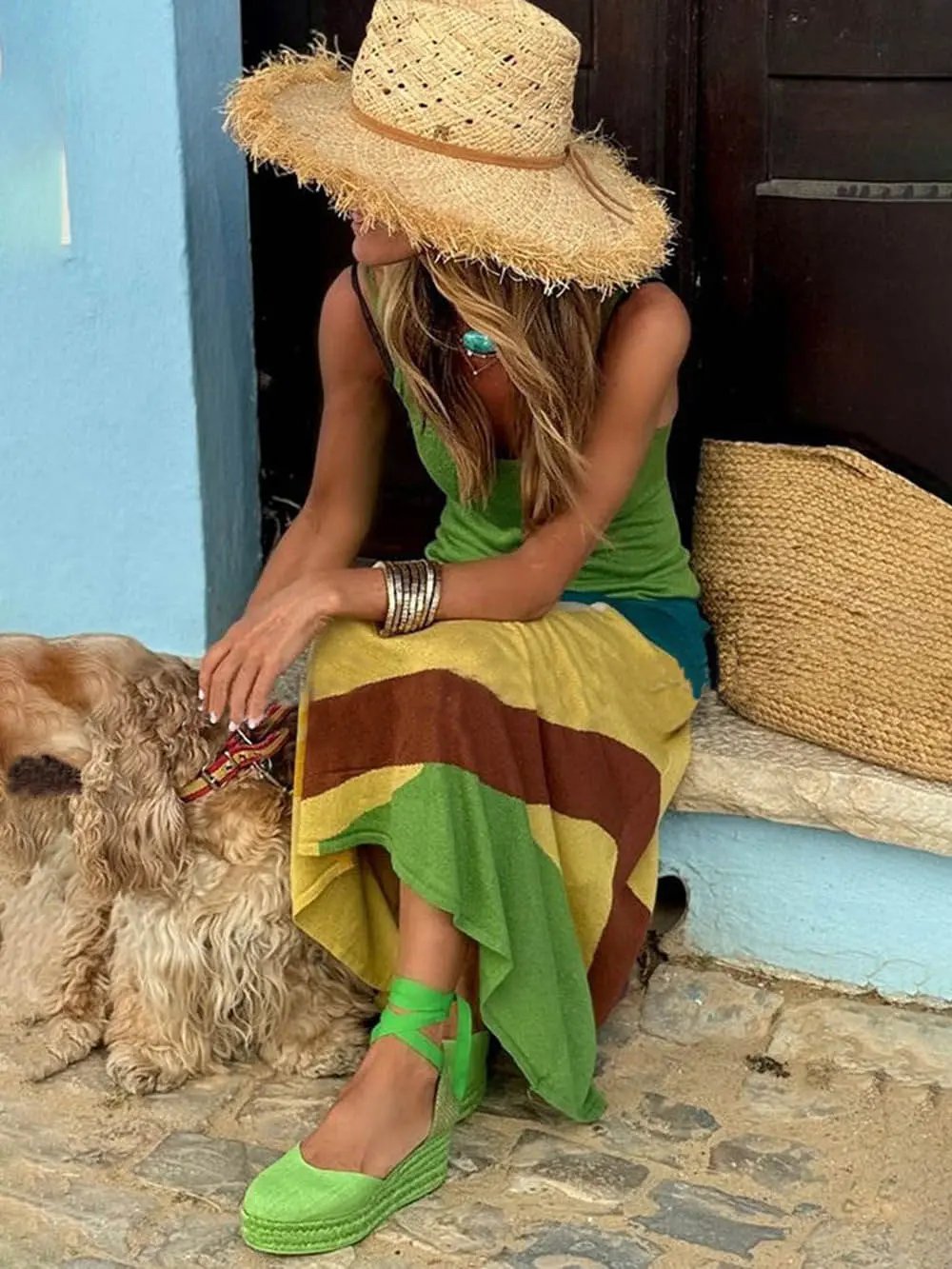 Unique Color Block Stitching Print Backless Slim Fit Maxi Dress Olympus London