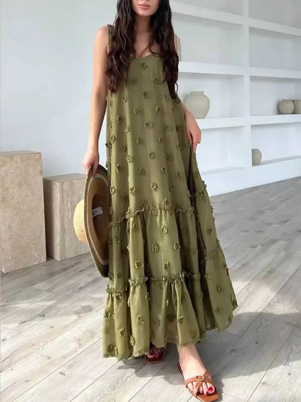 Flower Decor Pretty A-Line Layered Loose Maxi Dress Olympus London