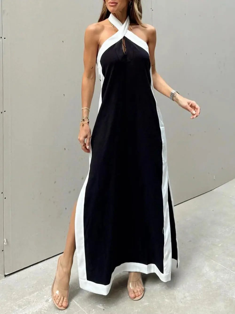 Halter Neck Slit Color Block Maxi Dress Olympus London