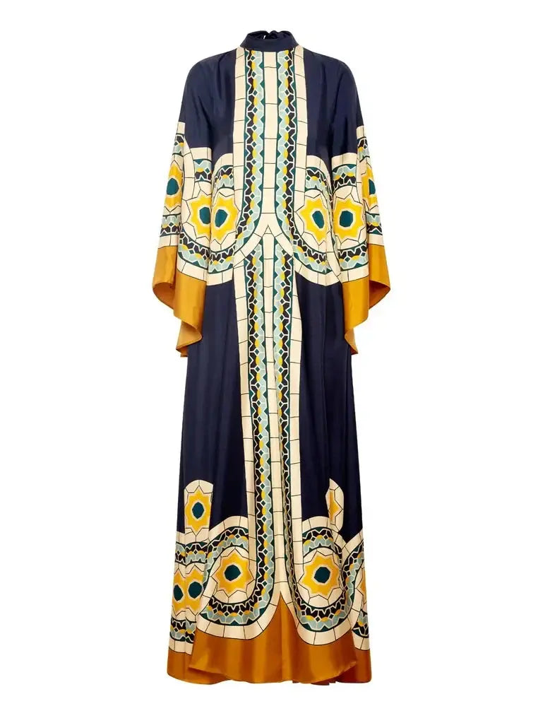Twill Art Deco Print Maxi Dress Olympus London