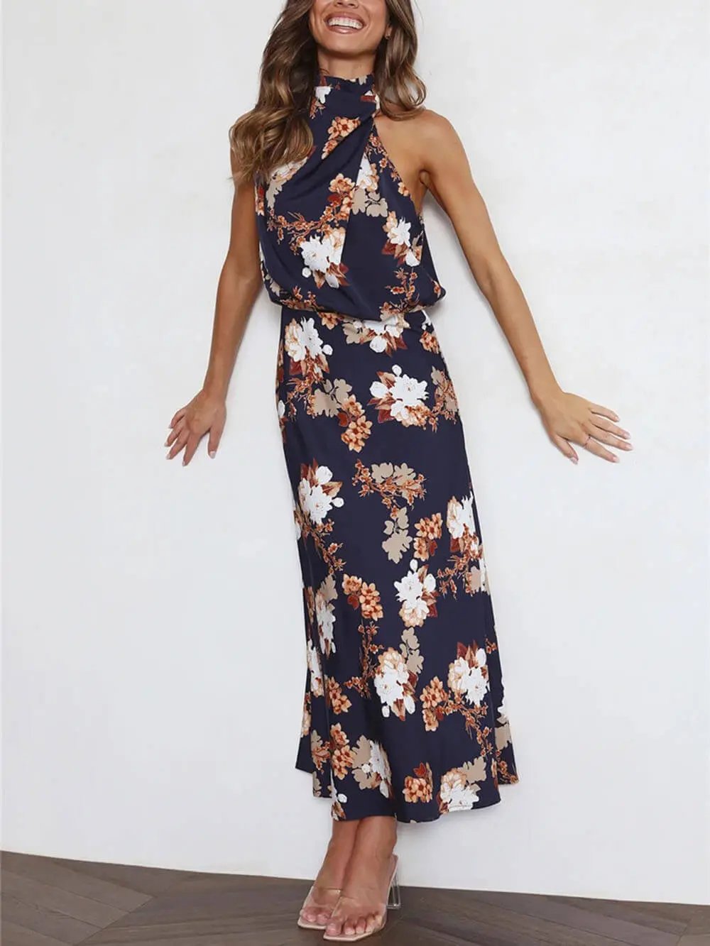 Halter Neck Floral Elastic Waist Maxi Dress Olympus London