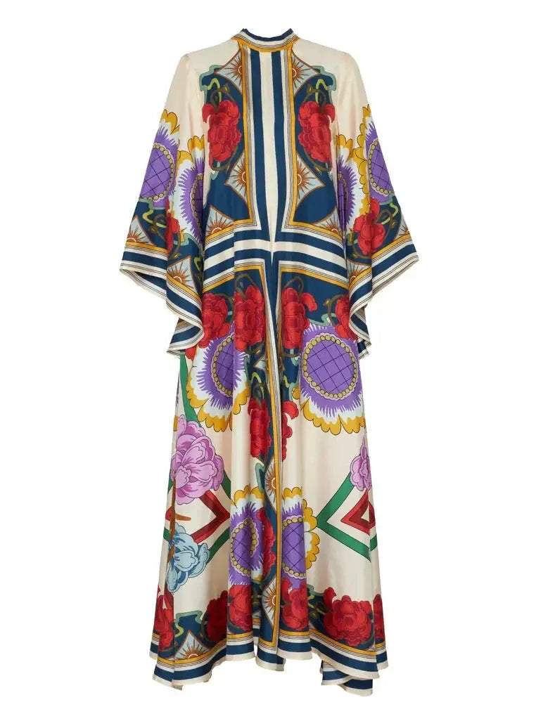 Exquisite Floral Print Draped Waterfall Sleeves Maxi Dress Olympus London