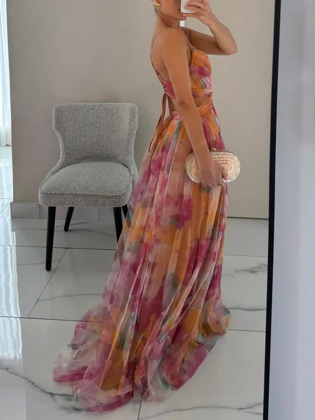 Elegant Painted Floral Print V-Neck A-Line Maxi Dress Olympus London