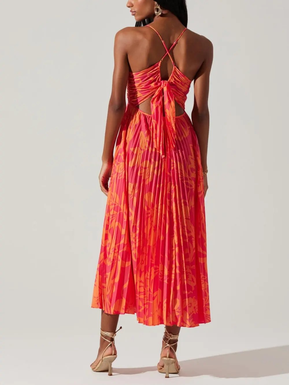 Elegant Floral Print Pleats Midi Dress Olympus London