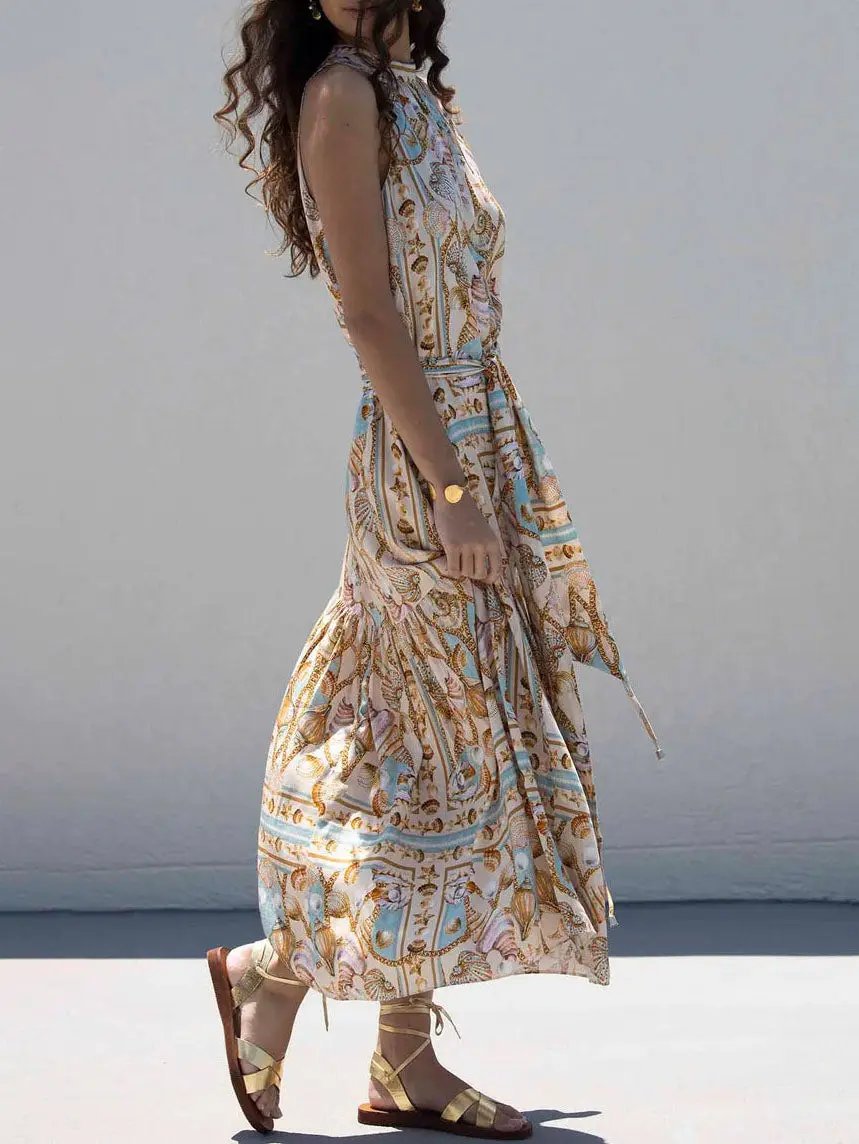 Exquisite Satin Ocean Treasure Print Maxi Dress Olympus London