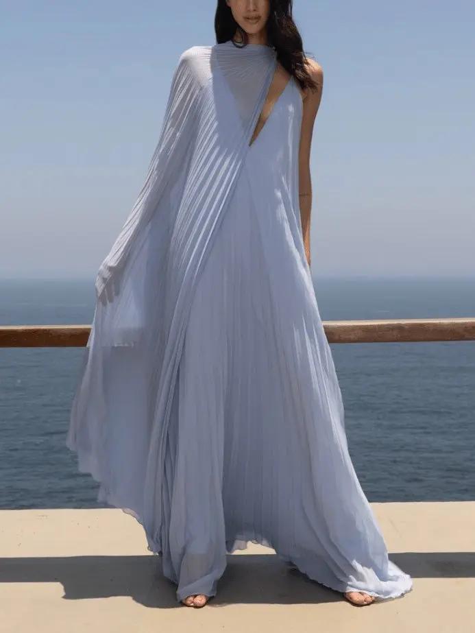 Elegant V-neck Pleated Flowy Maxi Dress Olympus London