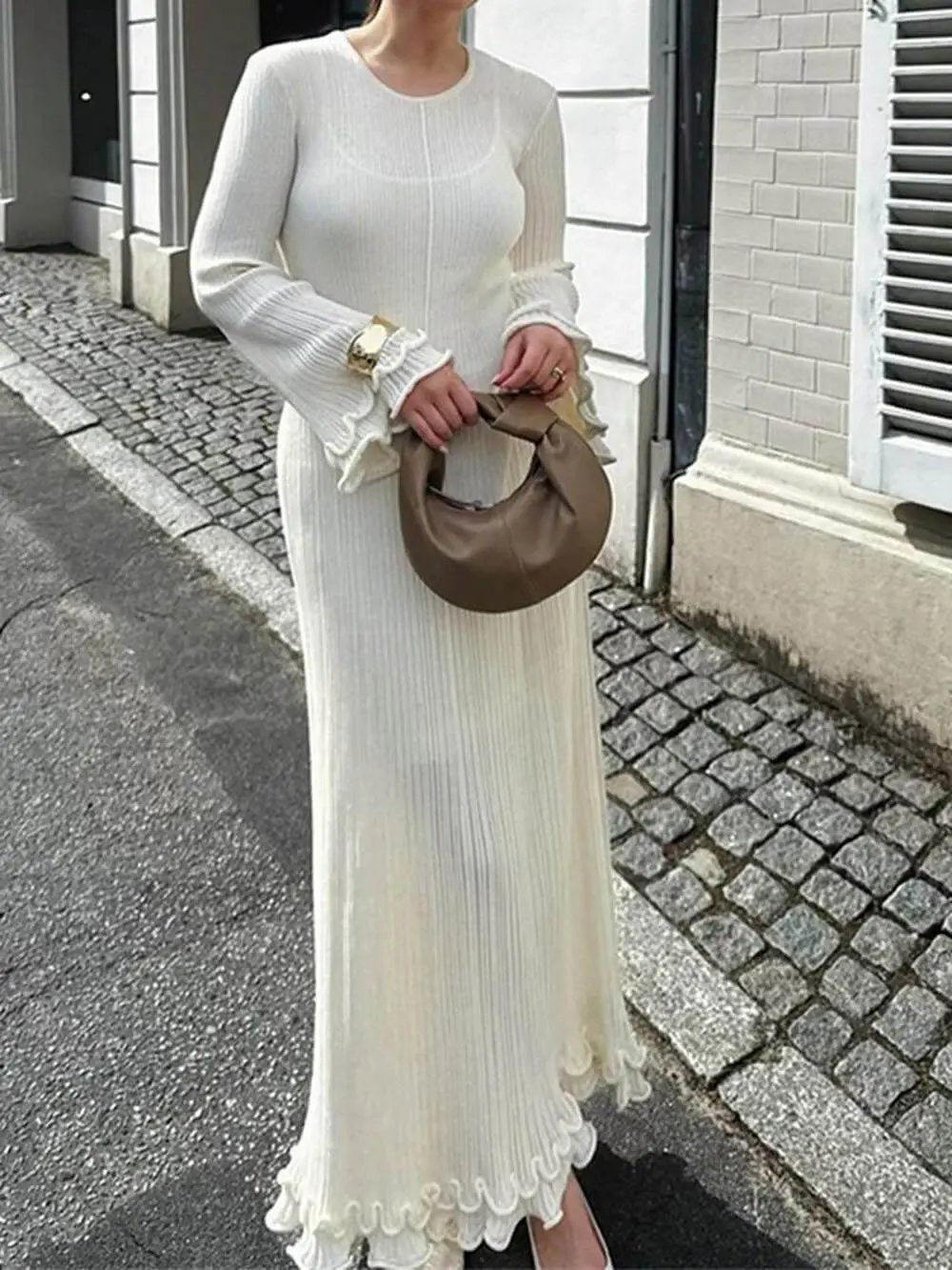 Elegant Trumpet Sleeves Rolled Hem Knitted Round Neck Maxi Dress Olympus London